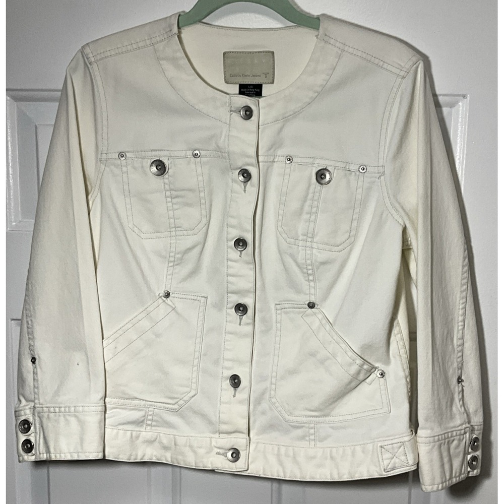 Calvin Klein Jeans White Denim Button Up Trucker Bomber Jacket Women's Large